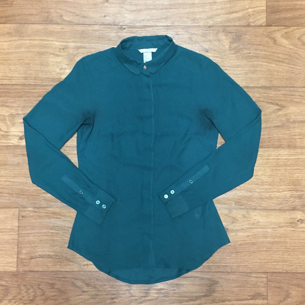 H&M Turquoise Button Down Semi-Sheer Shirt sz 2